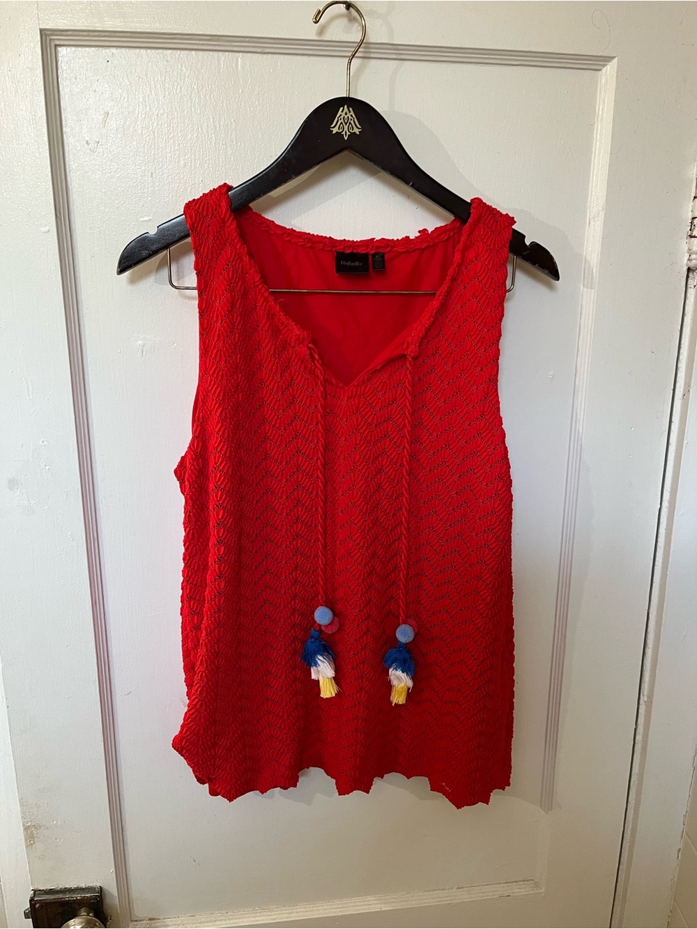 Rafaella Red Textured Chevron Blouse Tank Top Colorful Tassel Ties Size XL EUC